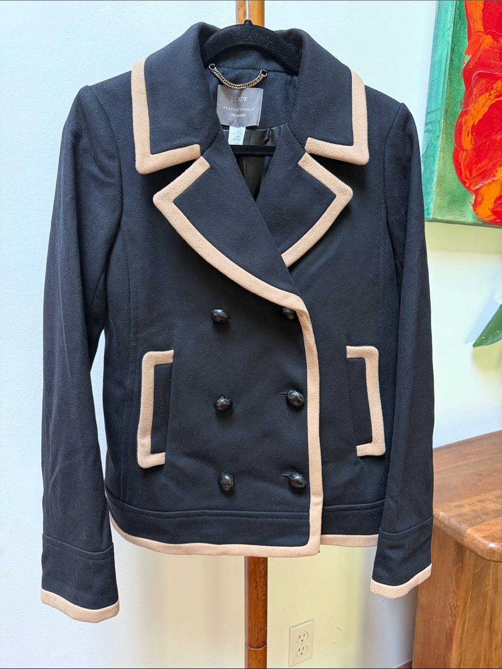 J. Crew Nello Gori Black Italian Wool Potter Tipped Peacoat T8